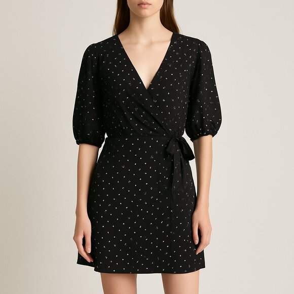 Lumiere Black Polka Dot Wrap Mini Dress V Neck Puff Sleeve Tie Waist Size L - Picture 1 of 6